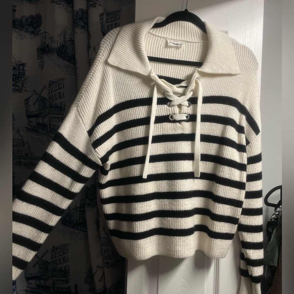 For The Republic Black and White Lace-Up V-Neck Sweater